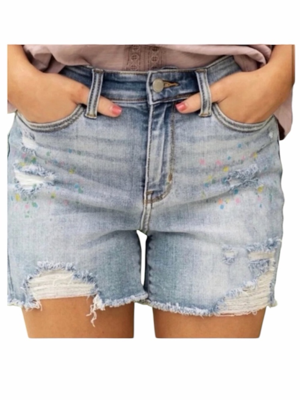 Judy Blue Rainbow Paint Splash‎ High Rise Distressed Jean Shorts Size XL NWOT